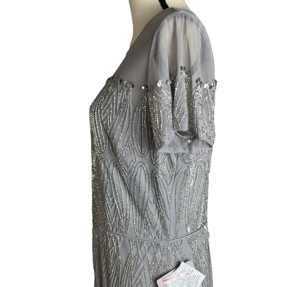 JS Collections Illusion Yoke Beaded Column Gown Dress Silver / Grey plus Formal - Picture 5 of 15